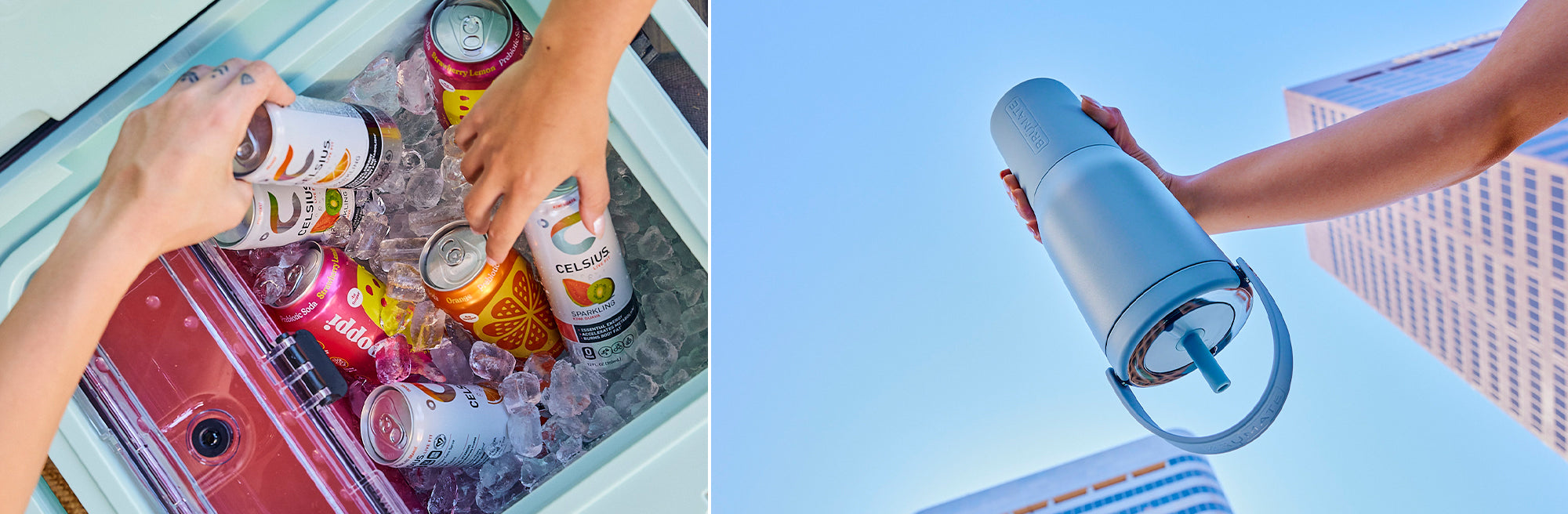 Person holding a Resa Tumbler upside down, inside of cooler